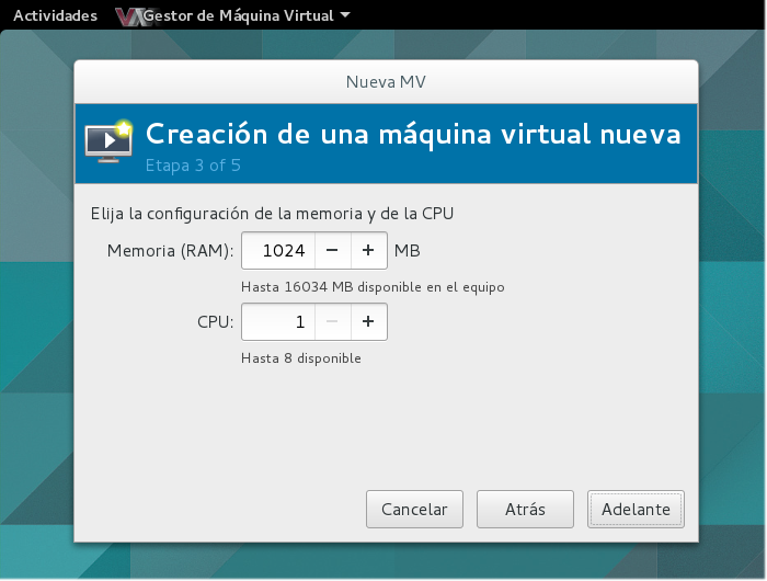 Creación de la máquina virtual: Paso 3 de 5