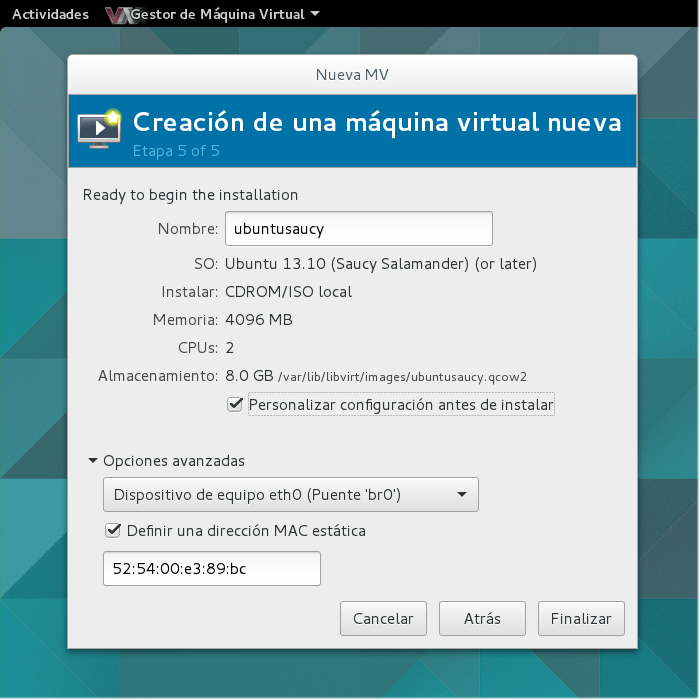 Creación de la máquina virtual: Paso 5 de 5