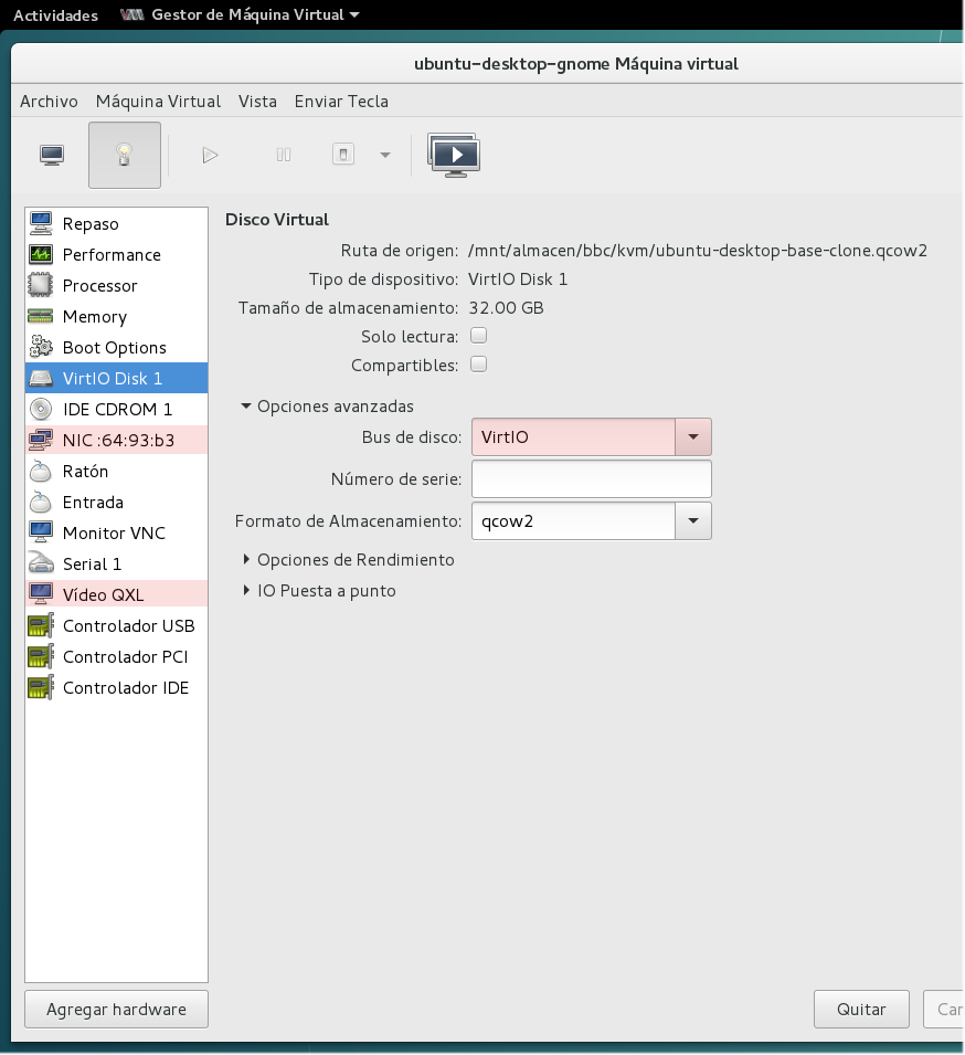 Configuración de la máquina virtual con drivers *VirtIO*